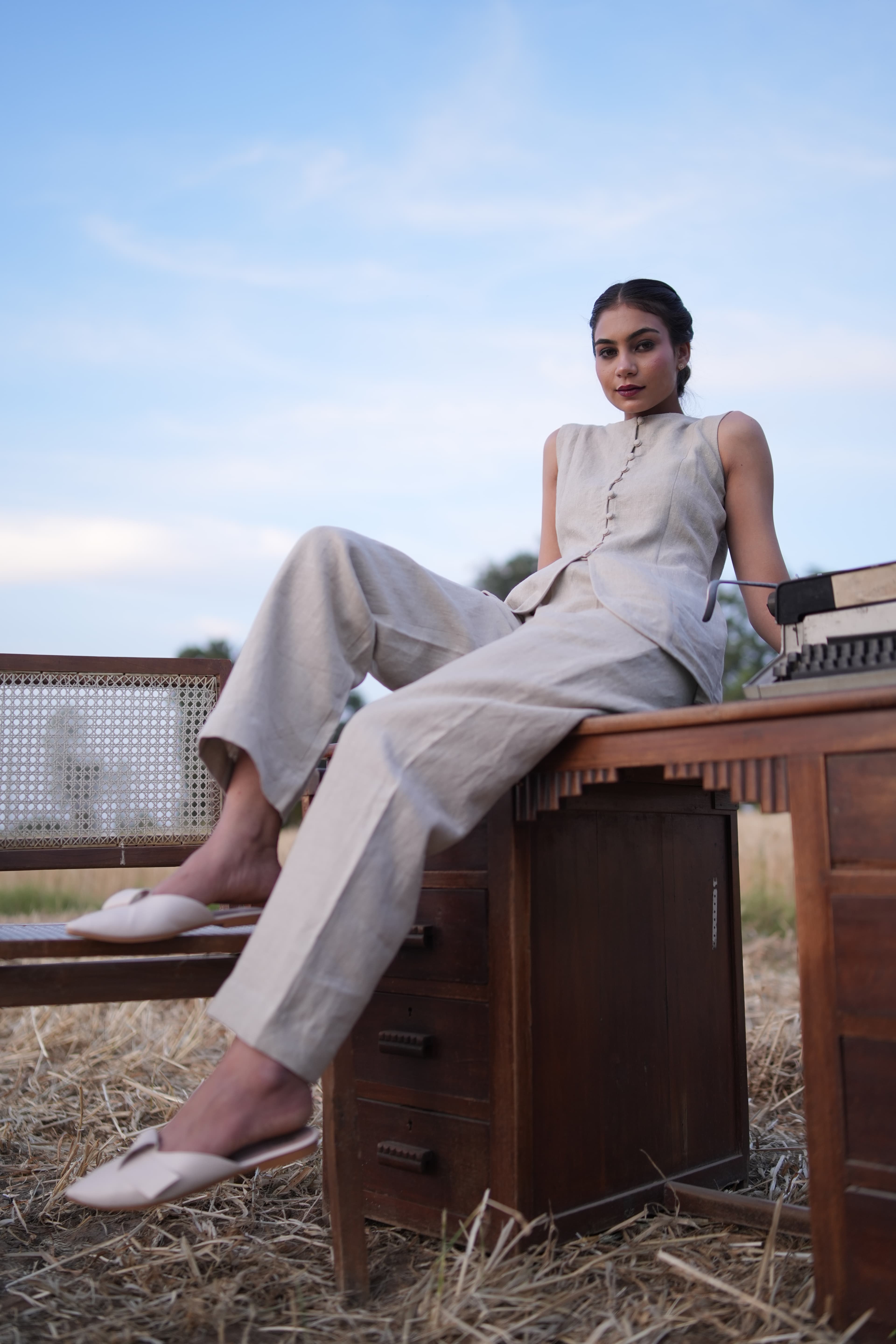 Eva Co-ord Set in Natural — a linen waistcoat and trouser set
